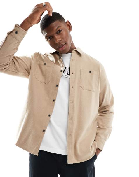 Threadbare – Angeraute Flanell-Hemdjacke in Steinbeige - view 1