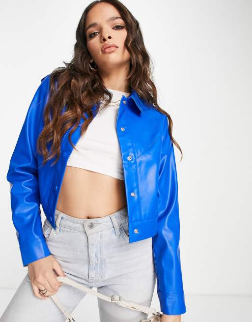 Bright blue leather jacket deals