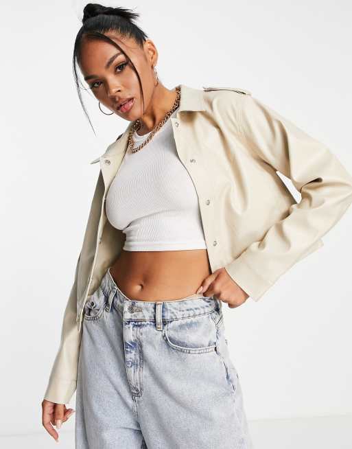 Threadbare Ann PU cropped trucker jacket in stone | ASOS