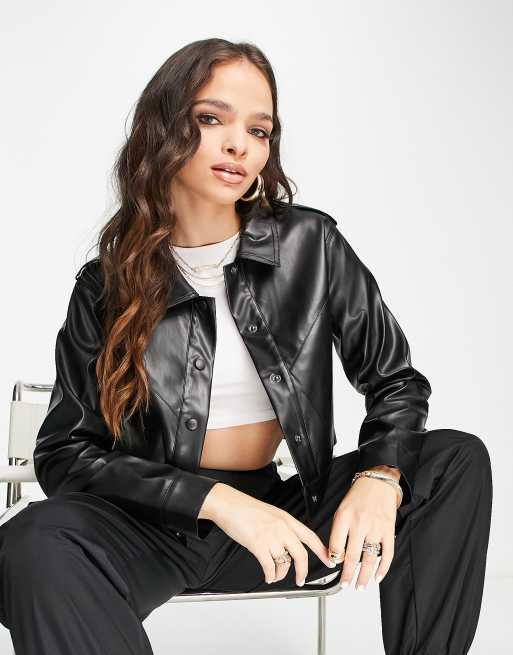 Threadbare – Ann – Truckerjacke mit kurzem Schnitt aus PU in Schwarz