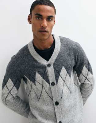 Threadbare Argyle Knitted Button Up Cardigan In Gray