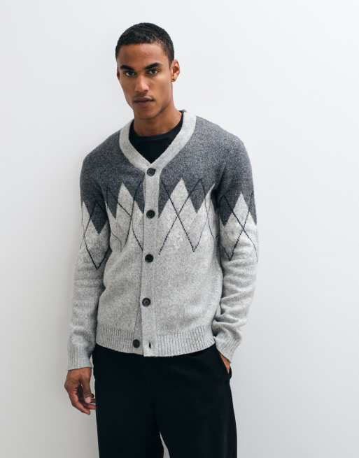 Threadbare argyle knitted button up cardigan in gray, 3 of 9