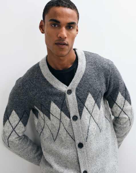 Threadbare argyle knitted button up cardigan in grey - view 1