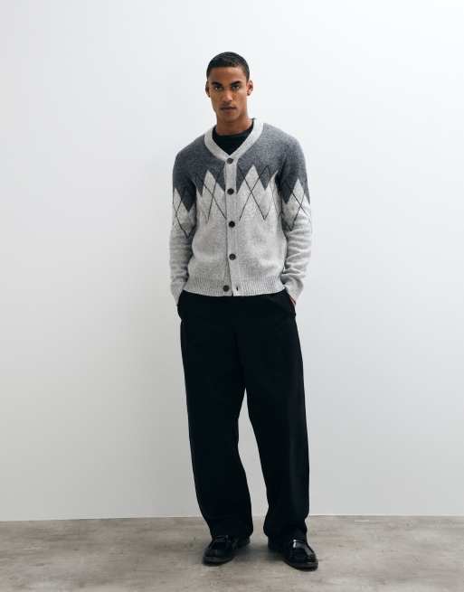Threadbare argyle knitted button up cardigan in grey, 2 of 9