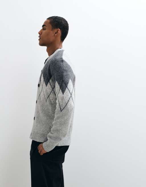 Threadbare argyle knitted button up cardigan in grey, 4 of 9