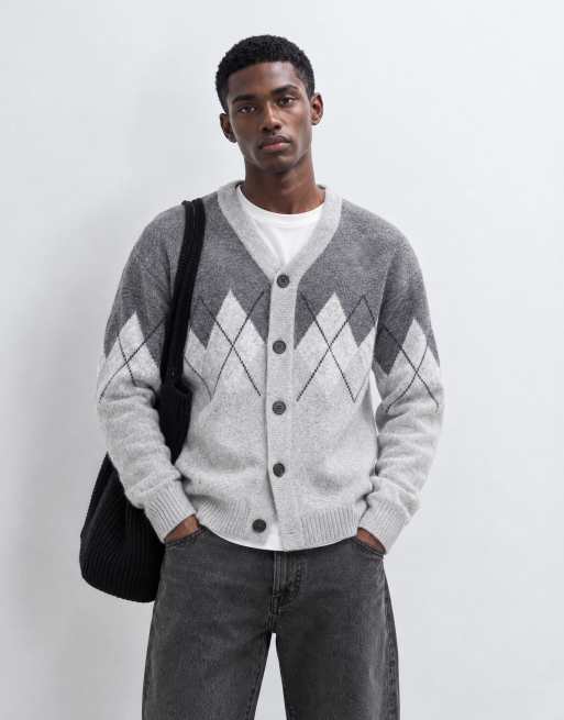 Threadbare argyle knitted button up cardigan in grey, 7 of 9