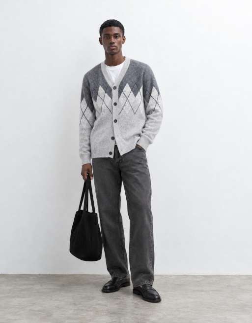 Threadbare argyle knitted button up cardigan in grey, 8 of 9