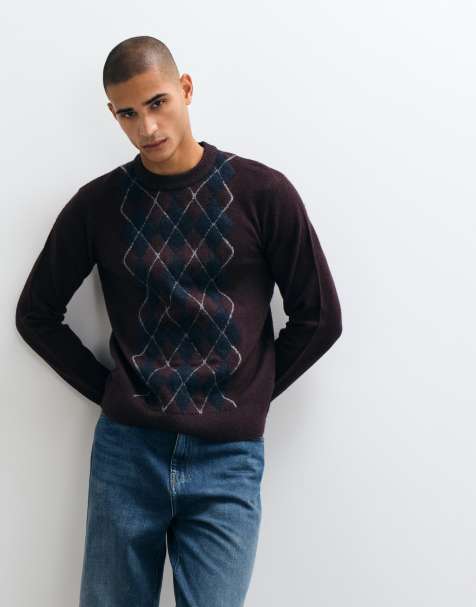 Threadbare argyle knitted crew neck jumper in burgundy - view 1
