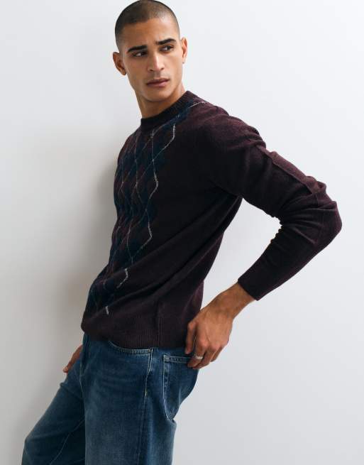 Threadbare argyle knitted crew neck jumper in burgundy, 2 of 5