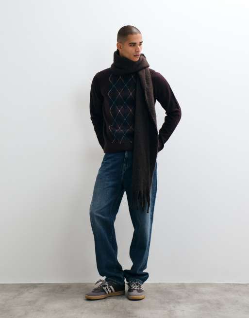 Threadbare argyle knitted crew neck jumper in burgundy, 3 of 5