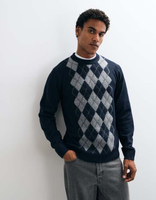 Threadbare argyle knitted crew neck jumper in navy, 2 of 5