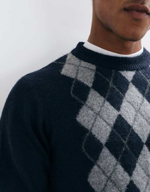 Threadbare argyle knitted crew neck jumper in navy, 3 of 5