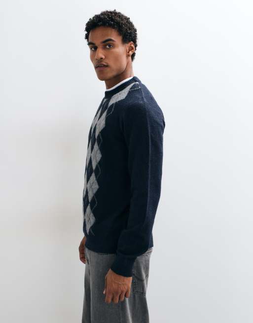 Threadbare argyle knitted crew neck jumper in navy, 4 of 5