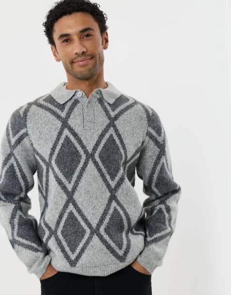 Threadbare Argyle knitted long sleeve polo in grey - view 1