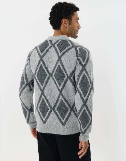 Threadbare Argyle knitted long sleeve polo in grey, 2 of 5
