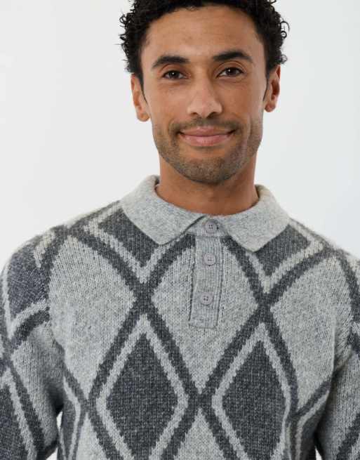 Threadbare Argyle knitted long sleeve polo in grey, 3 of 5