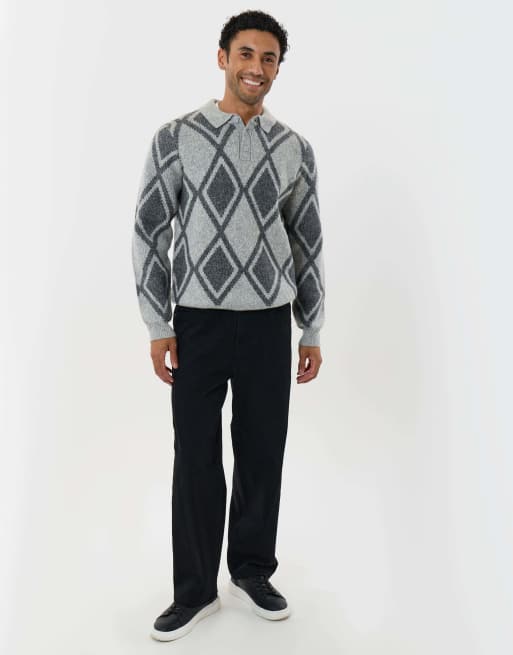 Threadbare Argyle knitted long sleeve polo in grey, 4 of 5
