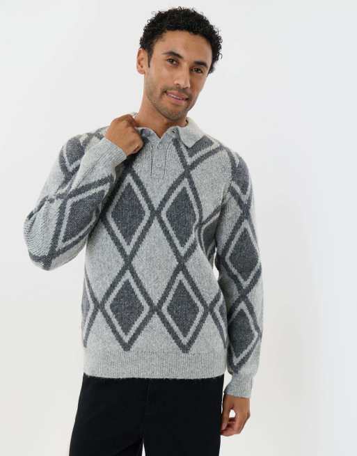 Threadbare Argyle knitted long sleeve polo in grey, 5 of 5