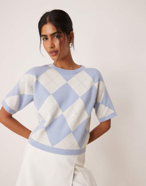 Threadbare Argyle short sleeve knitted t-shirt in cream - view 1