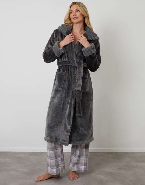Threadbare 'arnie' soft faux fur trim dressing gown in grey - view 1