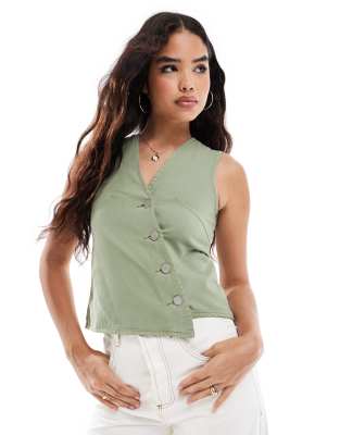 Threadbare Threadbare asymetric twill waistcoat in khaki-Green