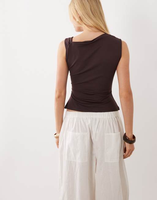 Threadbare asymmetric draped jersey top in chocolate brown, 4 of 4