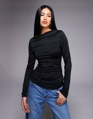 Threadbare Asymmetric Draped Long Sleeve Top In Black