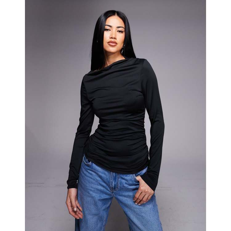 Threadbare asymmetric draped long sleeve top in black | ASOS