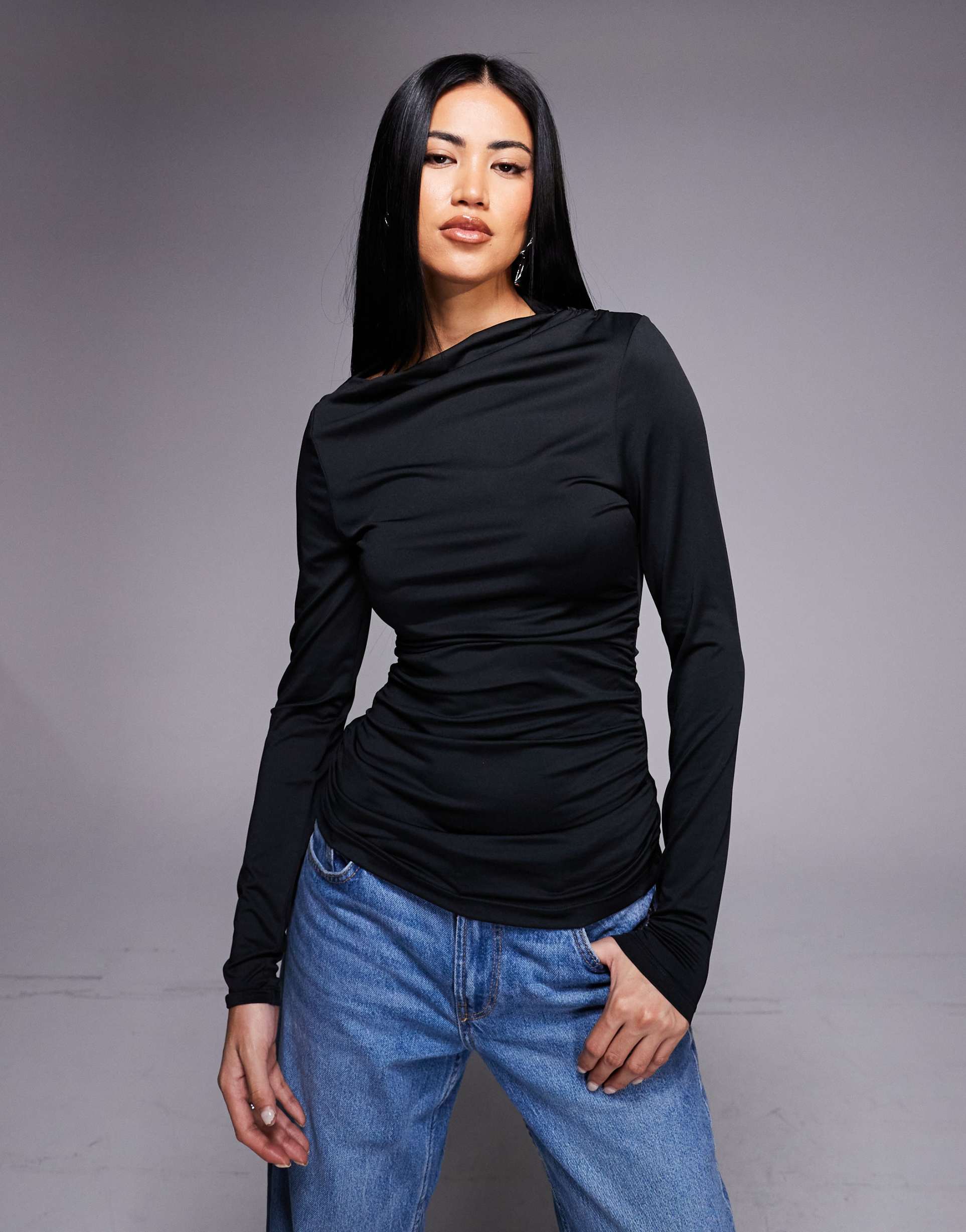 threadbare asymmetric draped long sleeve top in black