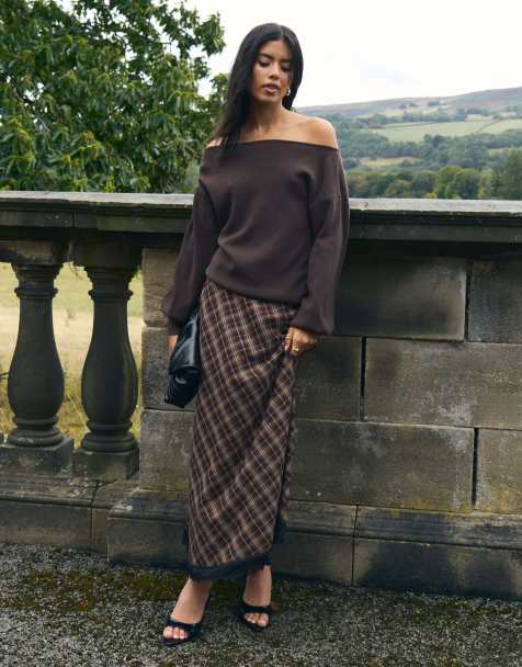 Threadbare Asymmetric lace trim midaxi skirt in chocolate brown - view 1