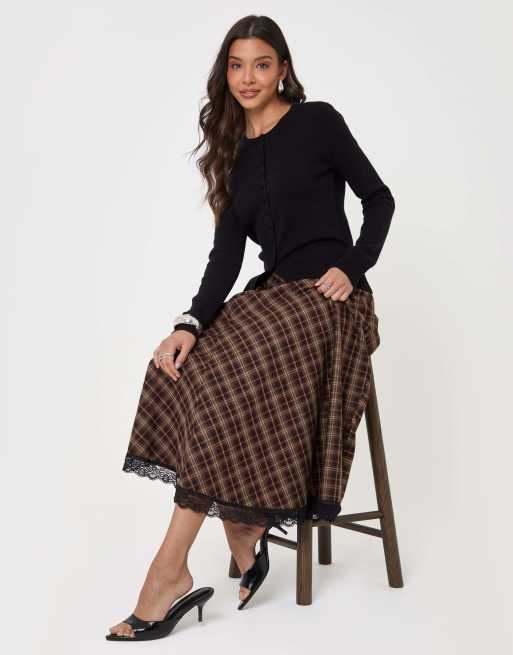 Threadbare Asymmetric lace trim midaxi skirt in chocolate brown, 2 of 4