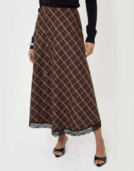 Threadbare Asymmetric lace trim midaxi skirt in chocolate brown, 3 of 4