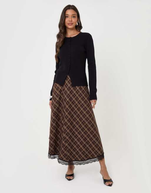 Threadbare Asymmetric lace trim midaxi skirt in chocolate brown, 4 of 4