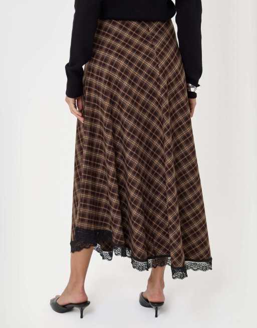 Threadbare Asymmetric lace trim midaxi skirt in chocolate brown, 5 of 5