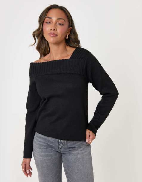 Threadbare Asymmetric slash neck jumper in black - view 1
