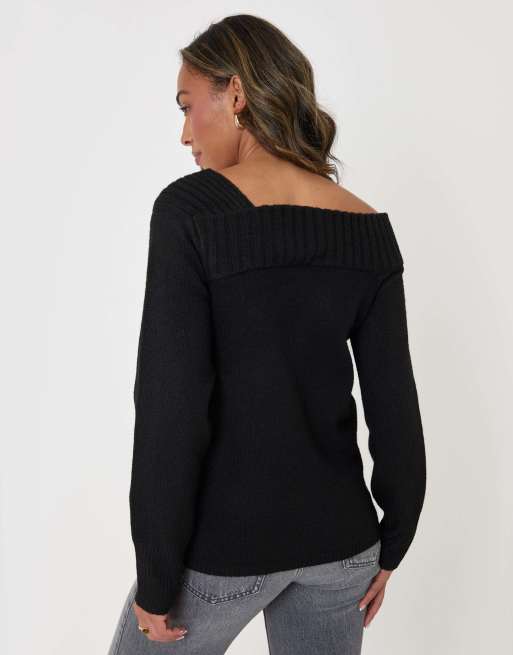 Threadbare Asymmetric slash neck jumper in black, 2 of 5