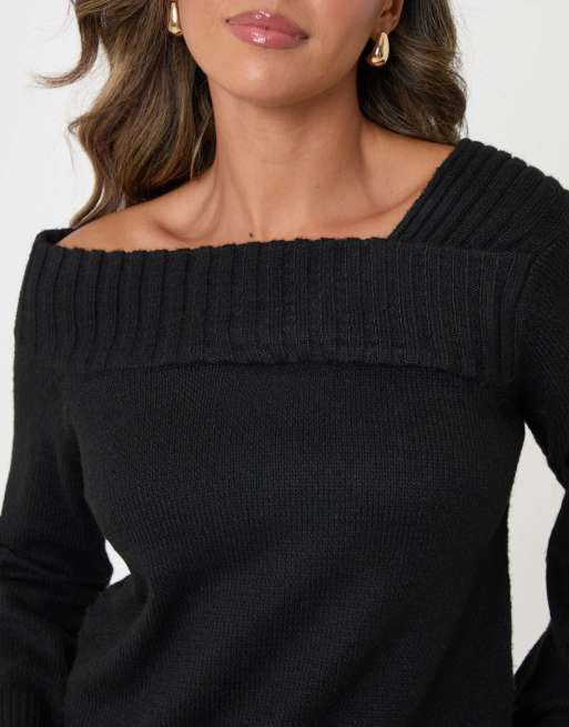 Threadbare Asymmetric slash neck jumper in black, 3 of 5