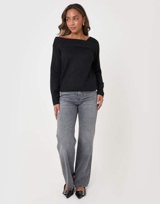 Threadbare Asymmetric slash neck jumper in black, 4 of 5