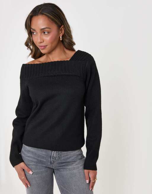 Threadbare Asymmetric slash neck jumper in black, 5 of 5