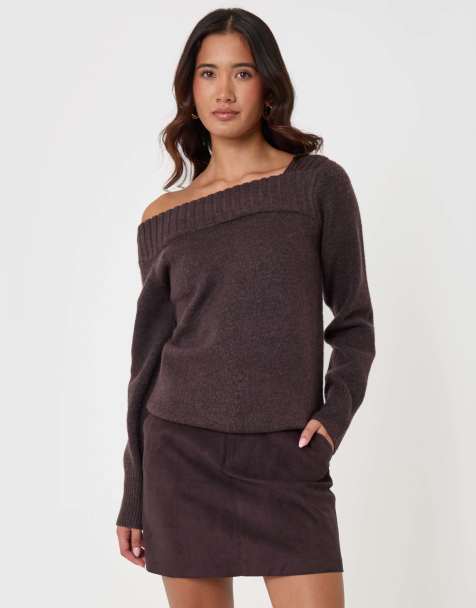 Threadbare Asymmetric slash neck jumper in chocolate brown - view 1