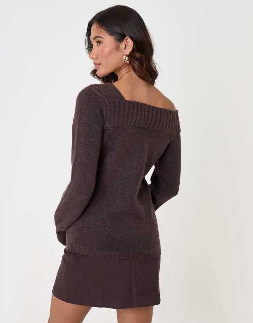 Threadbare Asymmetric slash neck jumper in chocolate brown, 2 of 5