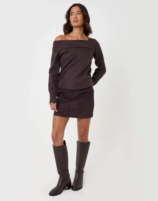 Threadbare Asymmetric slash neck jumper in chocolate brown, 4 of 5