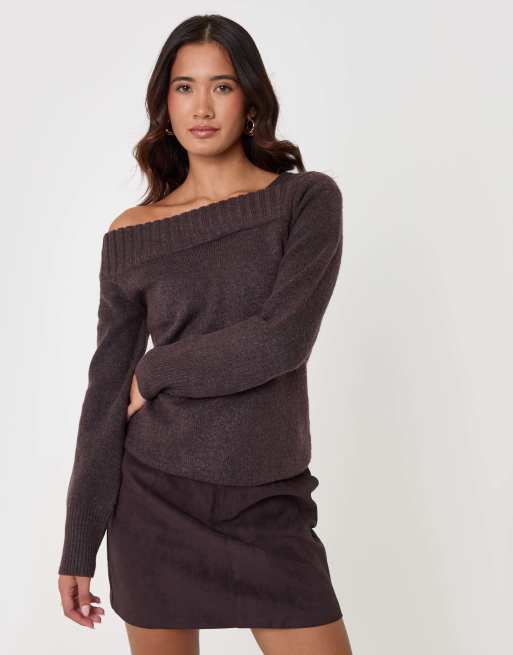 Threadbare Asymmetric slash neck jumper in chocolate brown, 5 of 5