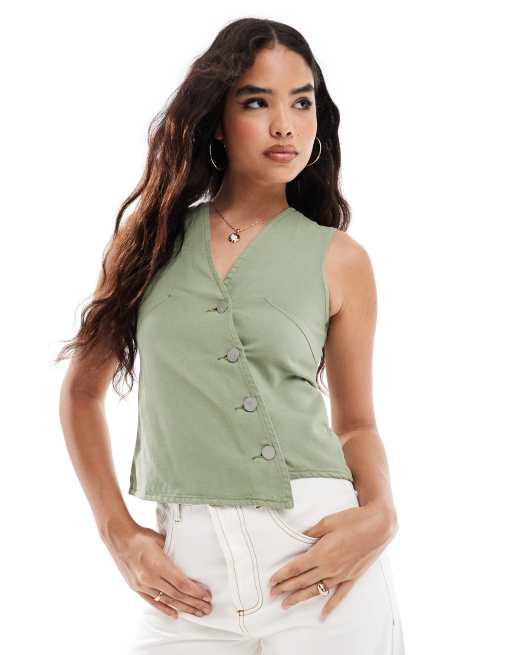 Threadbare asymmetric twill waistcoat in khaki