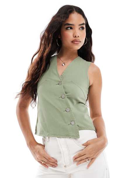 Threadbare - Asymmetrisch gilet van keperstof in kaki - view 1