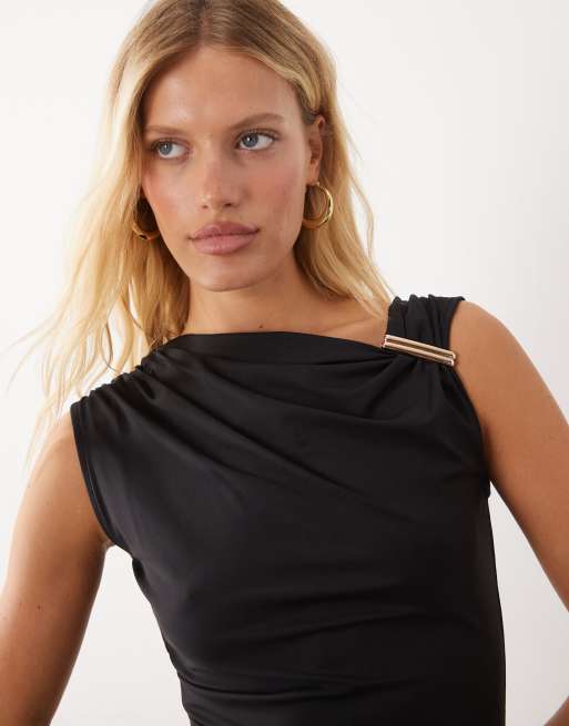Threadbare asymmetrisches Mini-Kleid aus Polyamid mit silbernen Metall-Details in Schwarz, 3 von 4