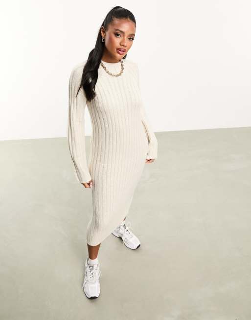 Threadbare Aubrey high neck ribbed midi jumper dress in oatmeal