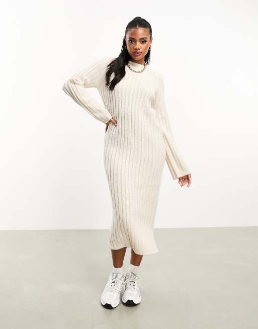 Threadbare Aubrey high neck ribbed midi jumper dress in oatmeal | ASOS