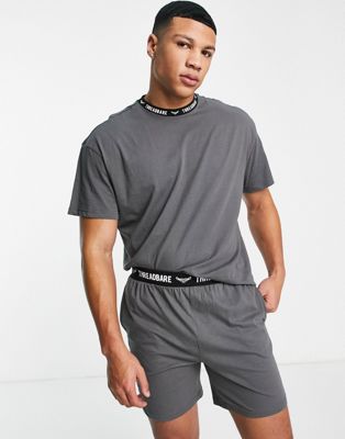 Threadbare austin short louge set with logo banding in charcoal