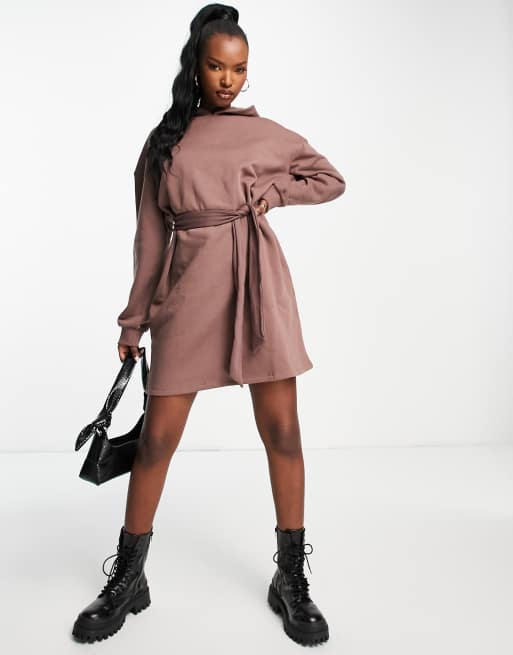 Threadbare Austria hoodie tie waist mini dress in dusky lilac